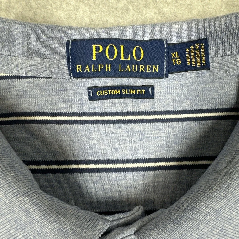 Polo Ralph Lauren Men's Custom Slim Fit Polo Blue White Stripes Size XL Stretch